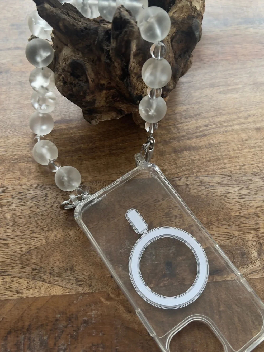 Clear Quartz Frosted White Beaded Phone Bracelet - Elegant Women’s Jewelry
